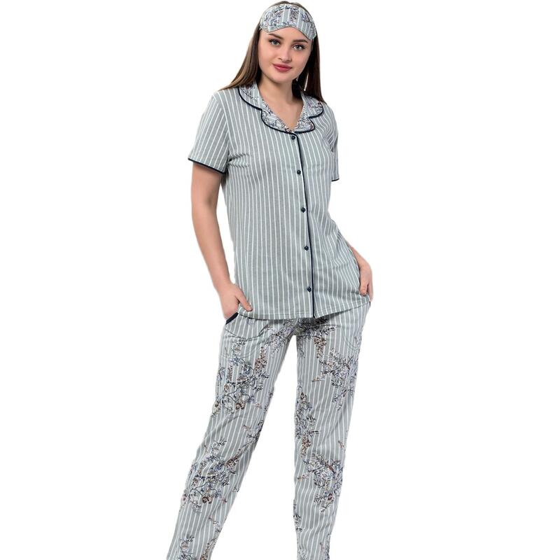 Yeşil Çiçek Kuş Desenli Önden Düğmeli Kısa Kollu Pijama Takımı Önden