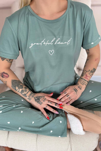 Yeşil Grateful Heart Desenli Bambu Kısa Kol Kadın Pijama Takımı - 4